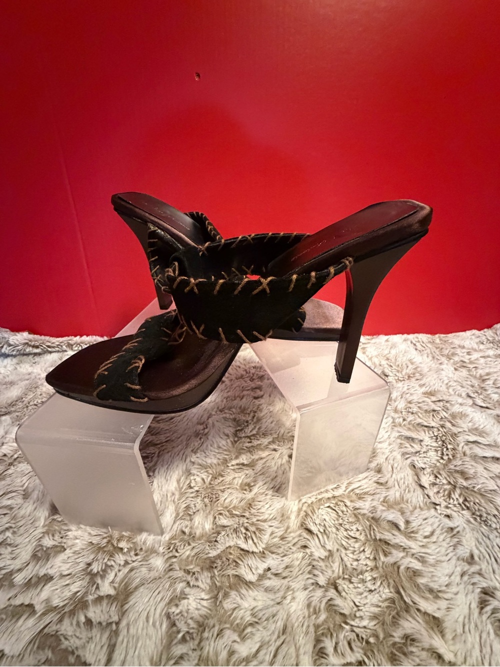 Michael Antonio Whipstitch Mules Sandals with Black Suede Straps